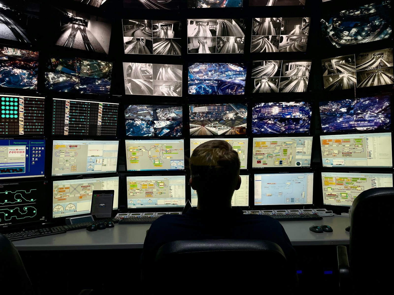 Security control room with a wide wall of camera monitor feeds